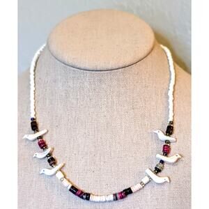Vintage Carved Bird Fetish Heishi Beaded 18" Necklace W/ Barrel Clasp